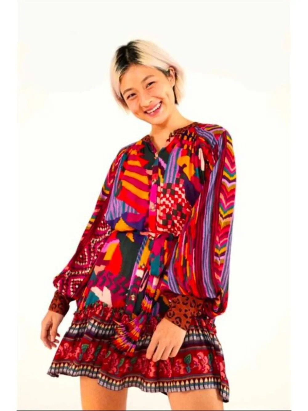 Farm Rio Mixed Abstract Patches Pattern Midi Dress Sz S - Picture 1 of 11